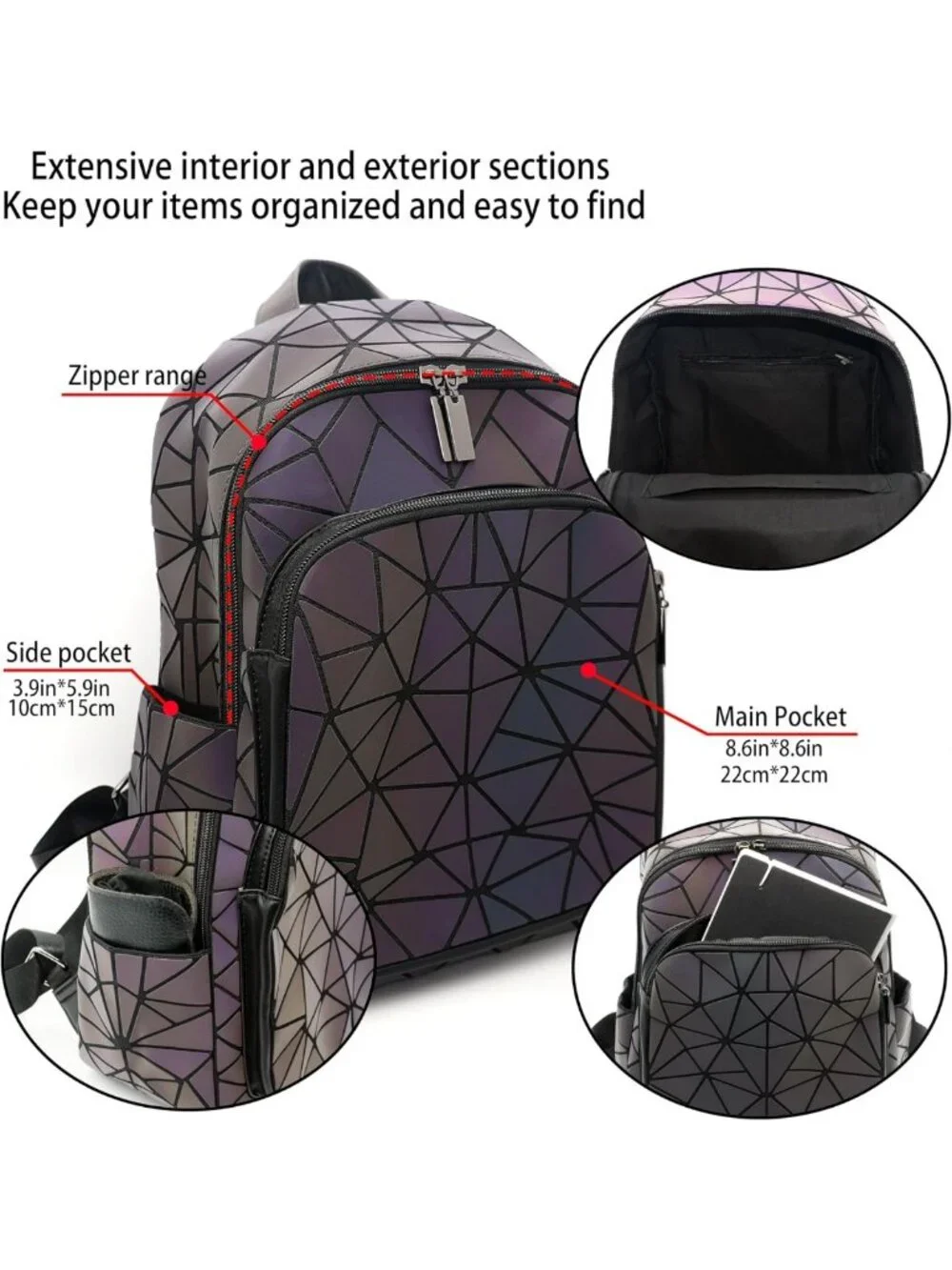 Luminous Geometric Women's Backpack | Retro Holographic Travel Daypack Purse